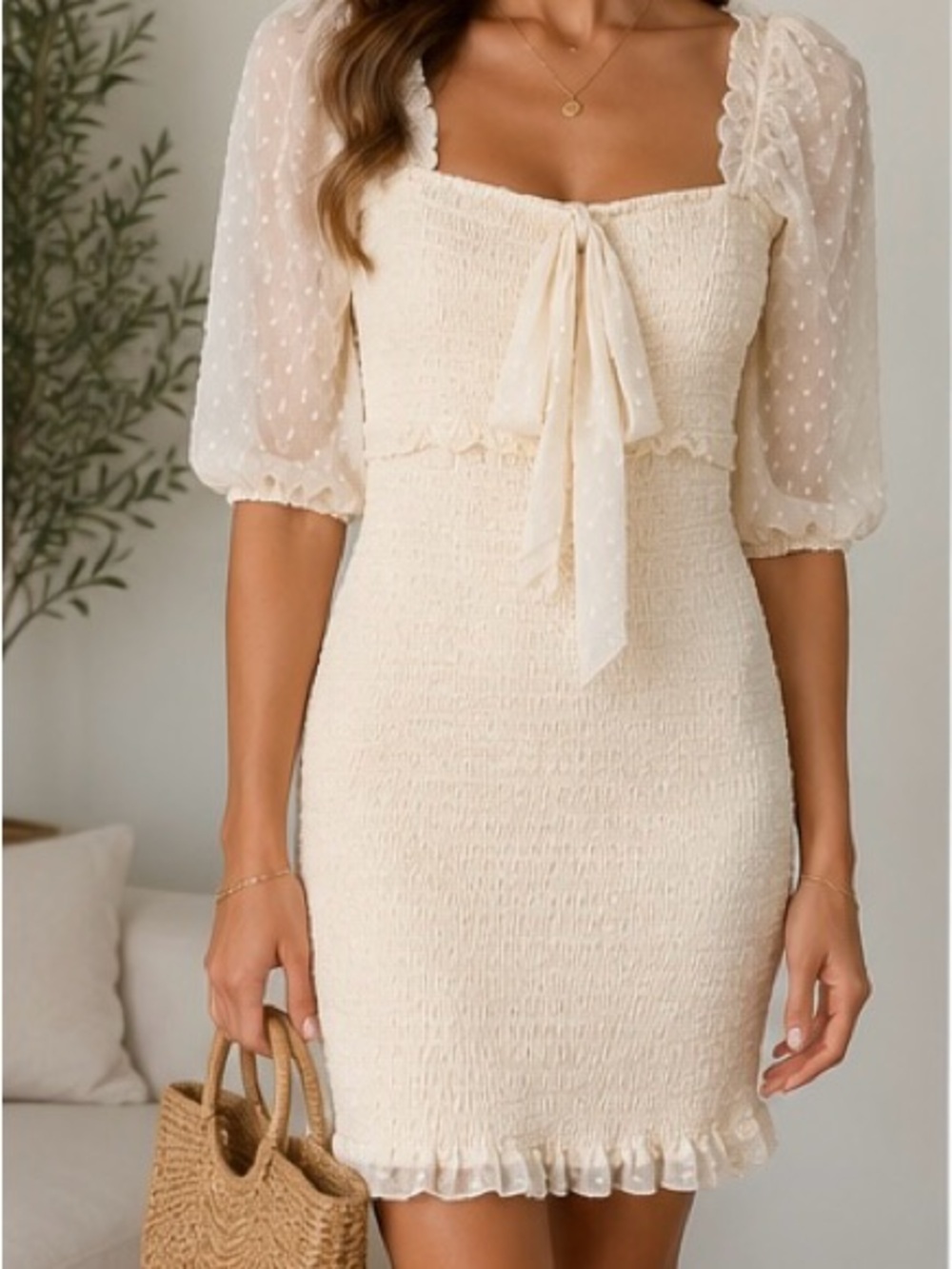 O.VIANCA Ivory Swiss Dot Smocked Mini Dress | Cottagecore Romantic